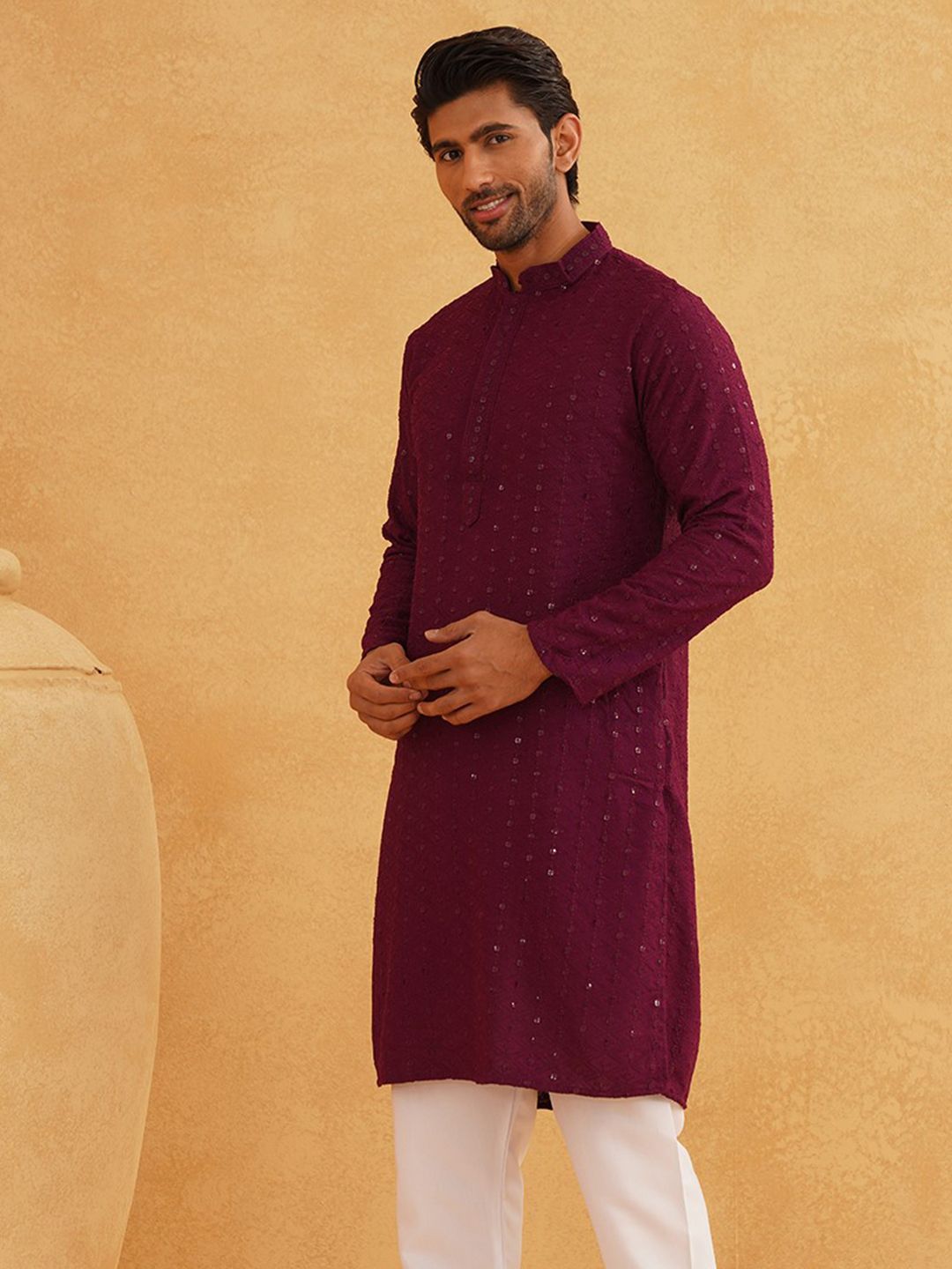 SOJANYA Mandarin Collar Sequins Embellished Pure Cotton Straight Kurta
