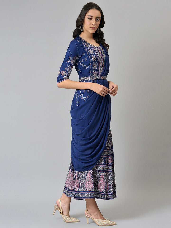W Blue & Silver-Toned Ethnic Motifs Ethnic Maxi Dress