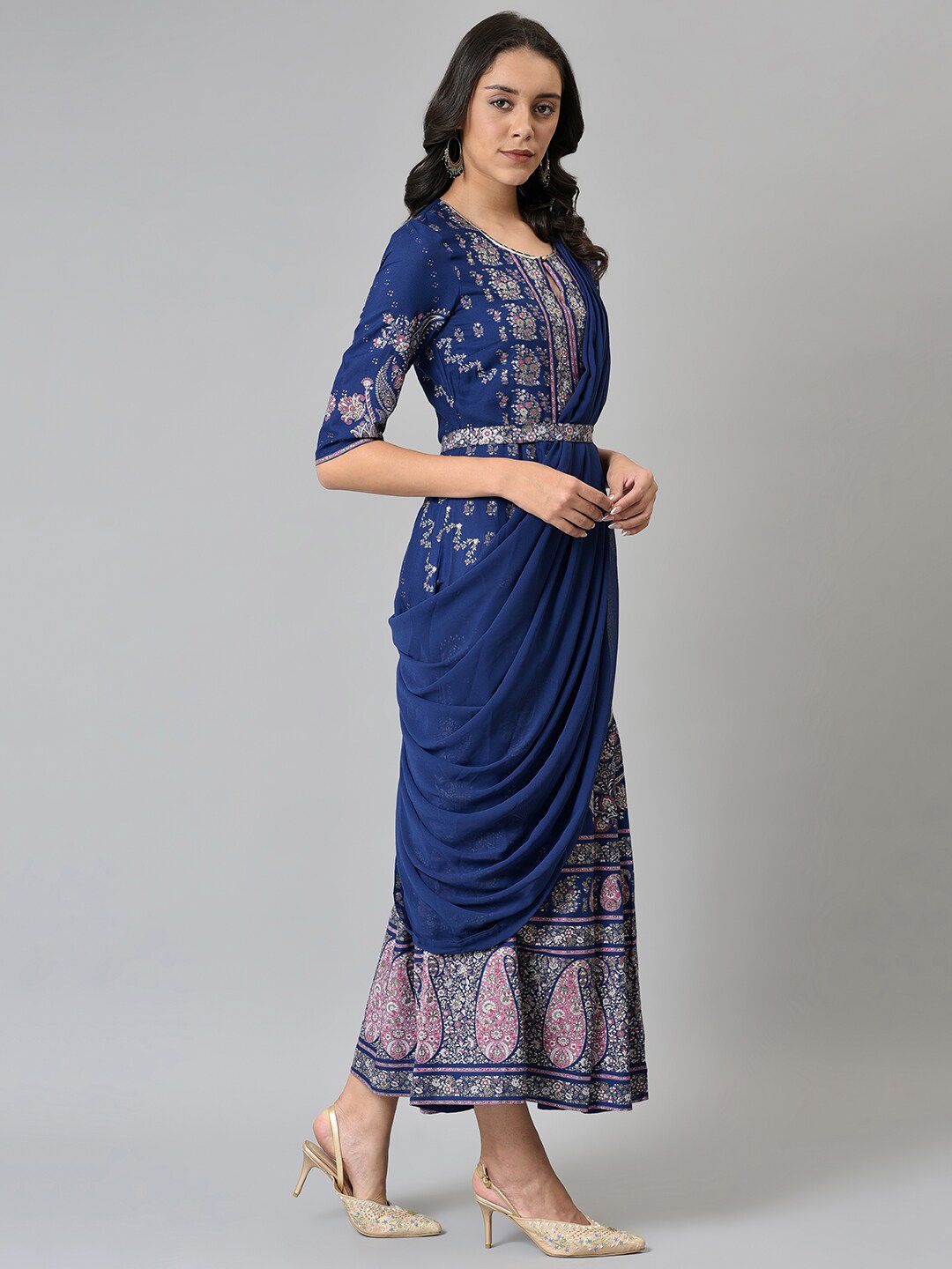 W Blue & Silver-Toned Ethnic Motifs Ethnic Maxi Dress