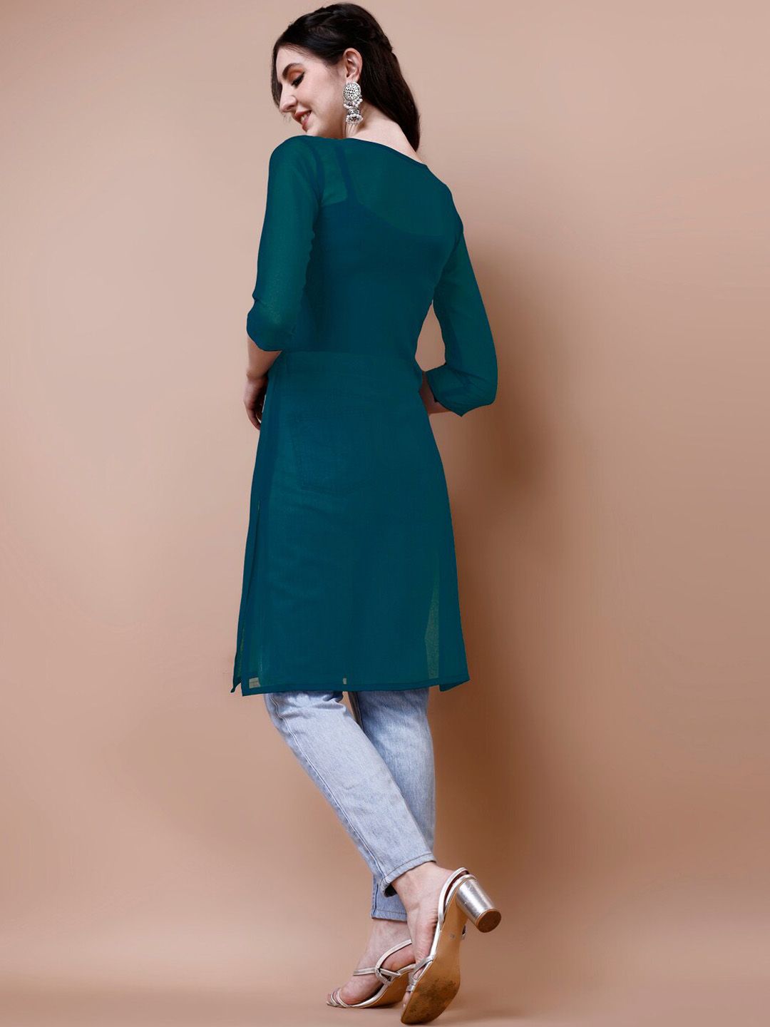 KALINI Floral Embroidered Chikankari Shadow Work Georgette Straight Kurta