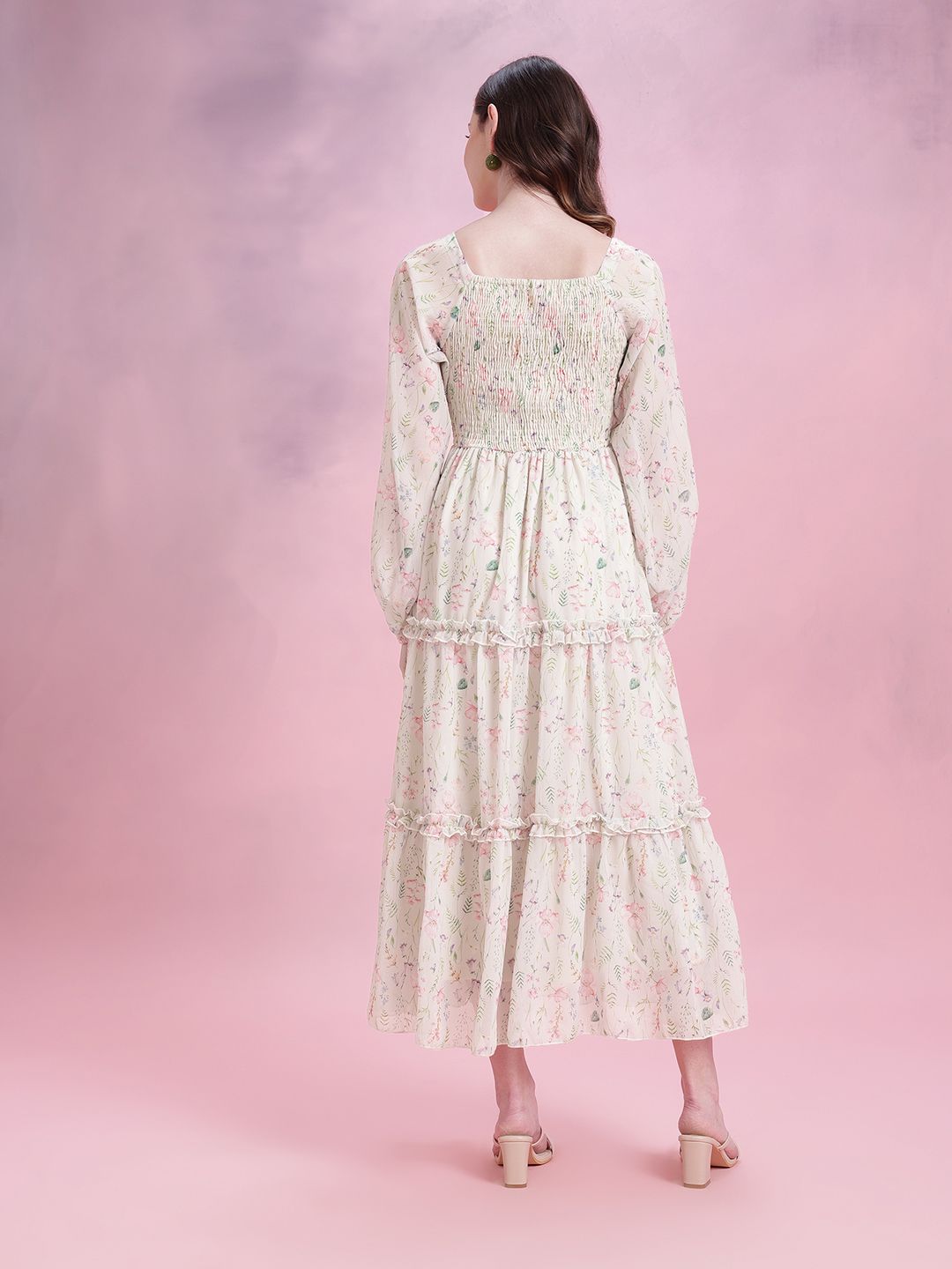 DressBerry Floral Print Tiered A-Line Midi Dress