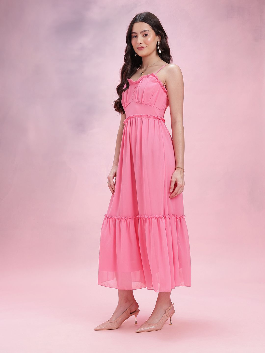 DressBerry Shoulder Straps Pleated Smocked A-Line Midi Dress