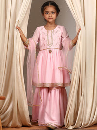 pspeaches Girls Round Neck Embroidered Sequinned Anarkali Kurti with Sharara & Dupatta