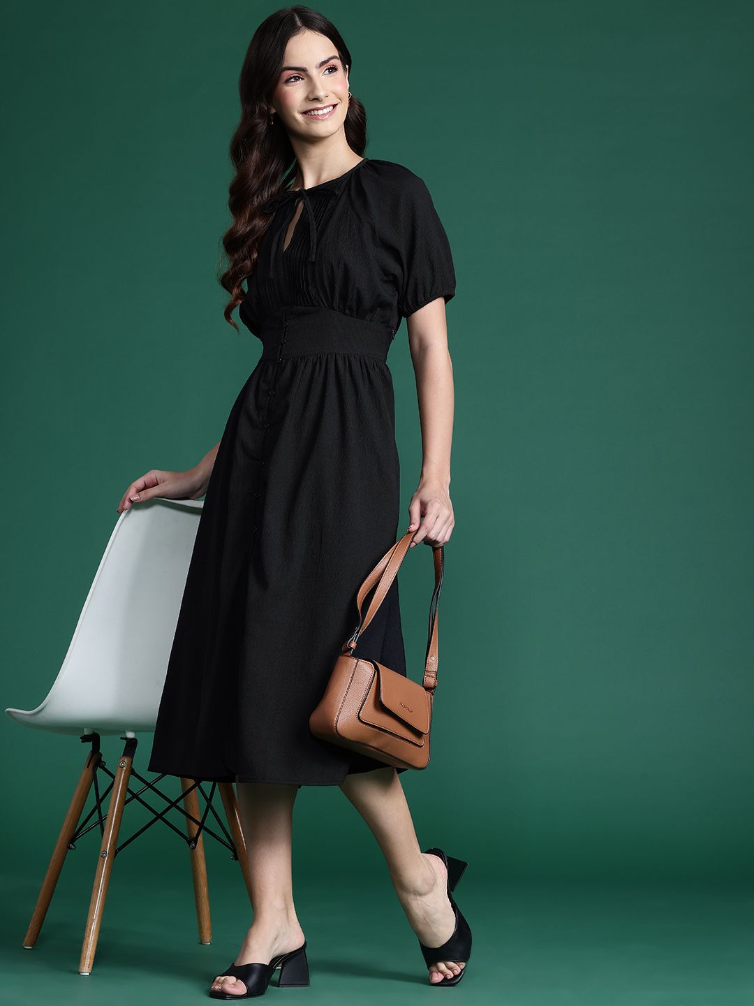 DressBerry Textured Tie-Up Neck Empire Midi Dress
