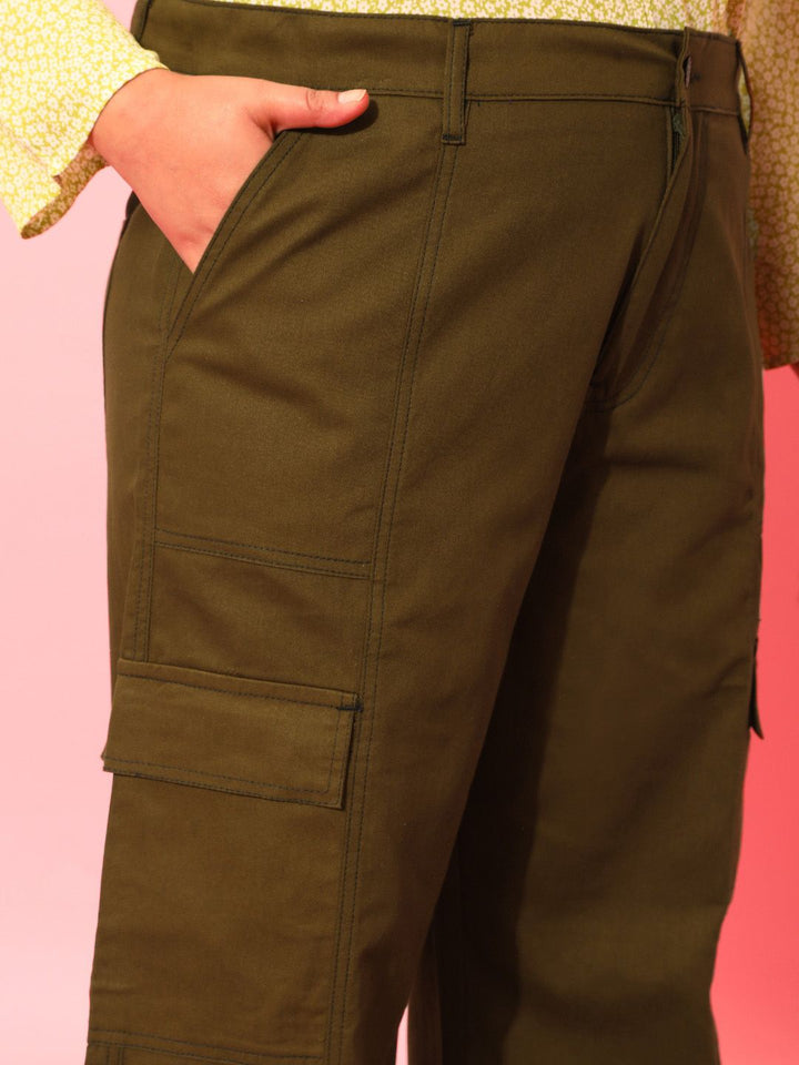 CURVY STREET Women Plus Size Olive Green Relaxed Straight Leg Pure Cotton Trousers