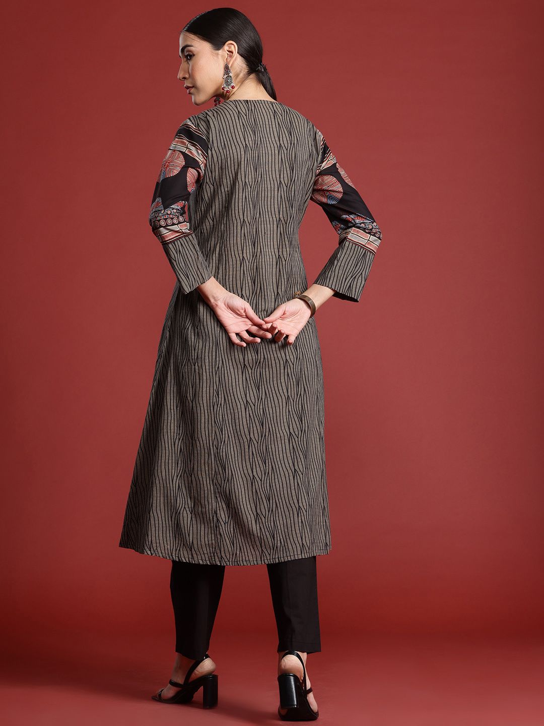Indo Era Printed Panelled Sequinned Pure Cotton A-Line Kurta with Trousers