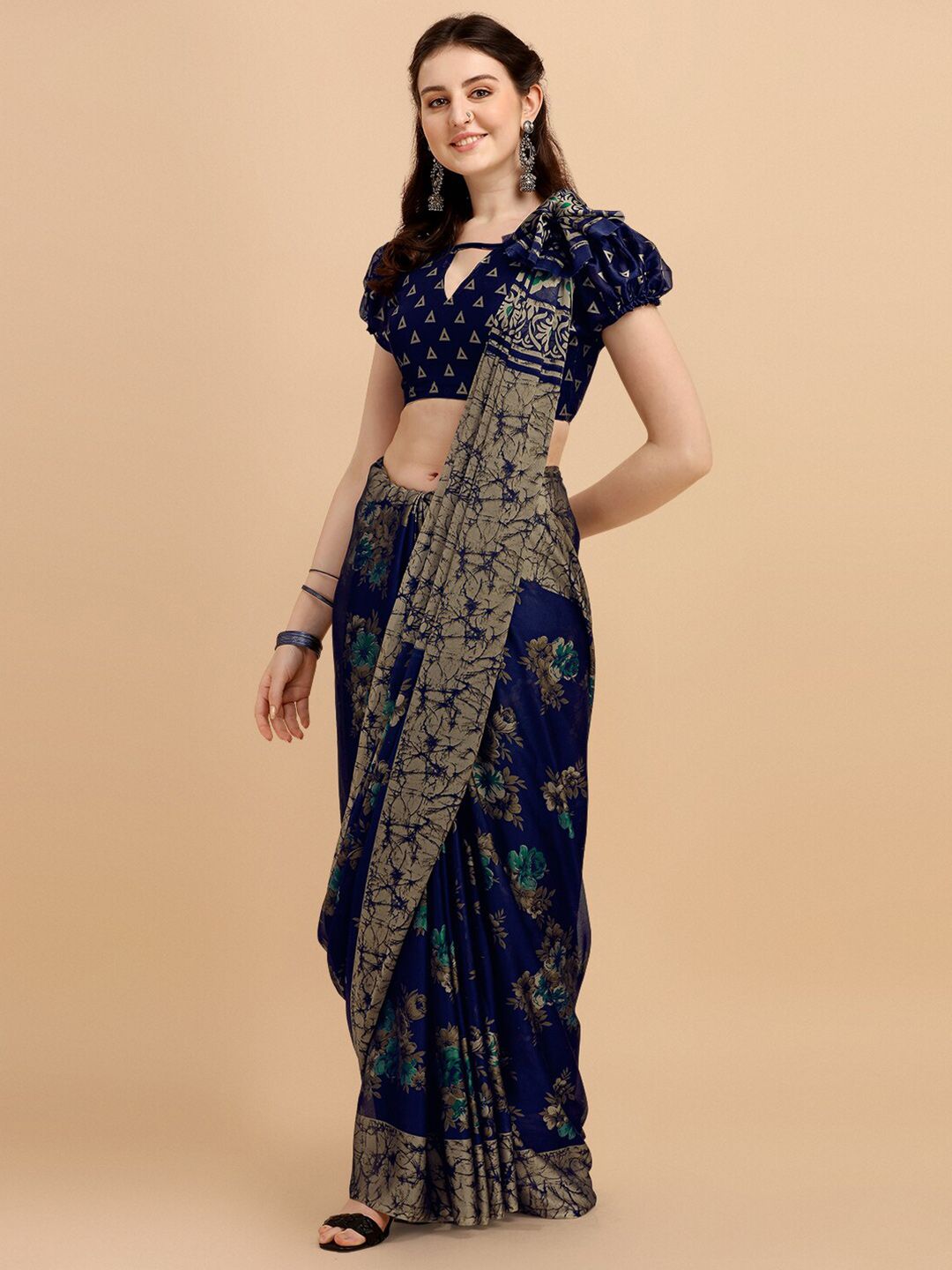 KALINI Navy Blue Floral Printed Saree