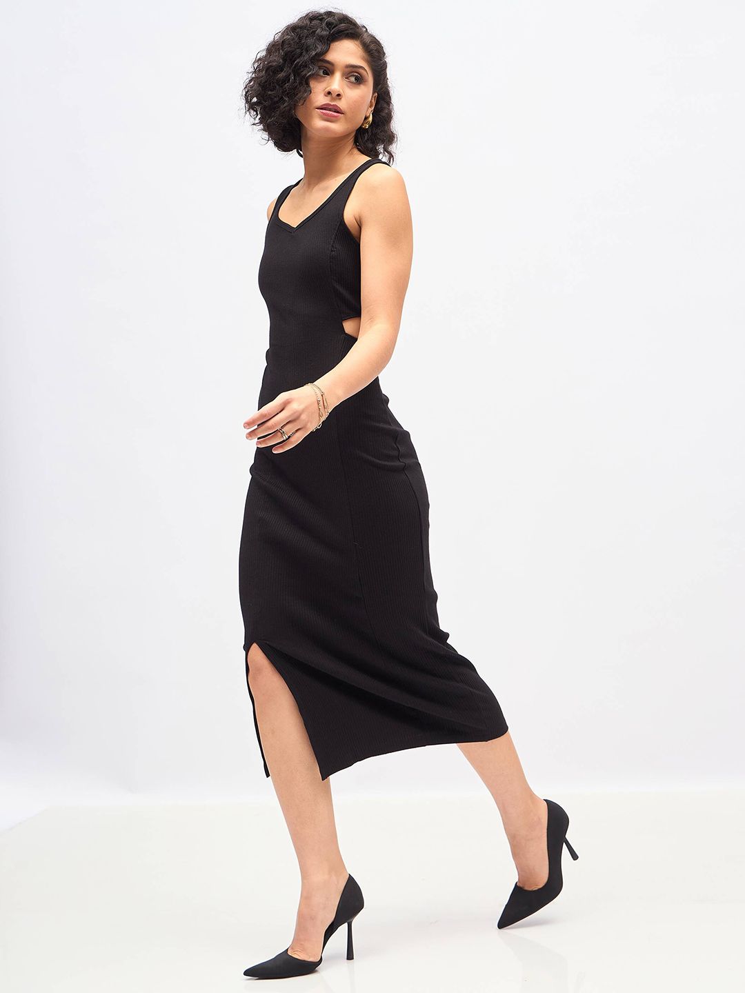 SASSAFRAS Black Cut-Out Midi Sheath Dress