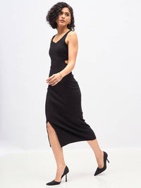 SASSAFRAS Black Cut-Out Midi Sheath Dress