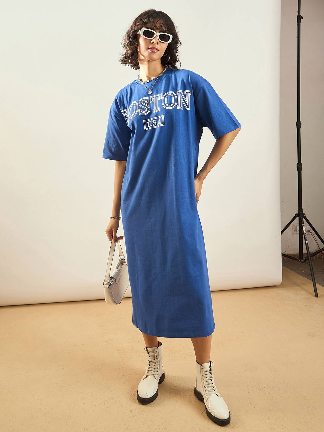 SASSAFRAS Blue Typographic Printed Pure Cotton Oversized T-shirt Dress