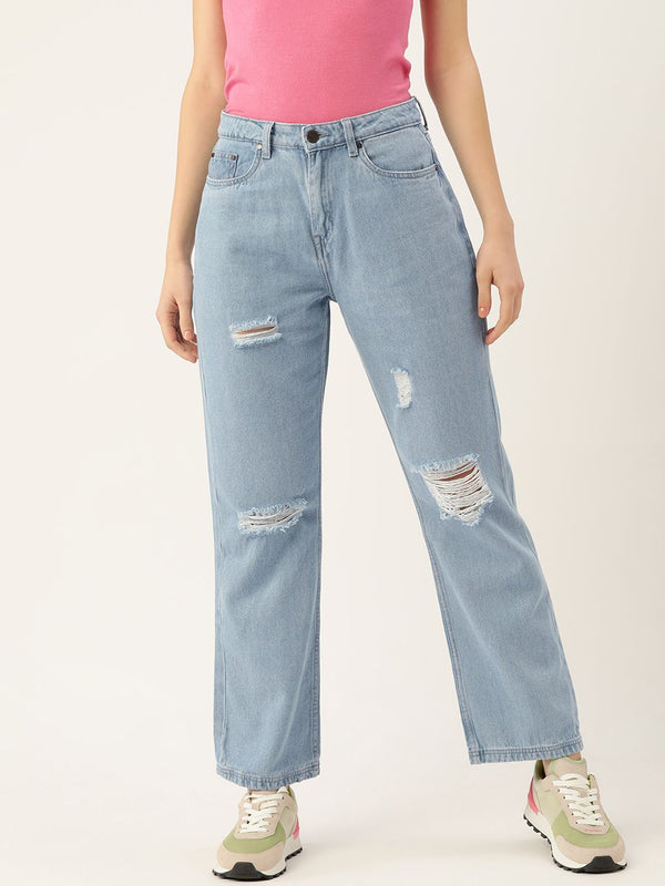 DressBerry Women Blue Pure Cotton Straight Fit High-Rise Mildly Distressed Jeans