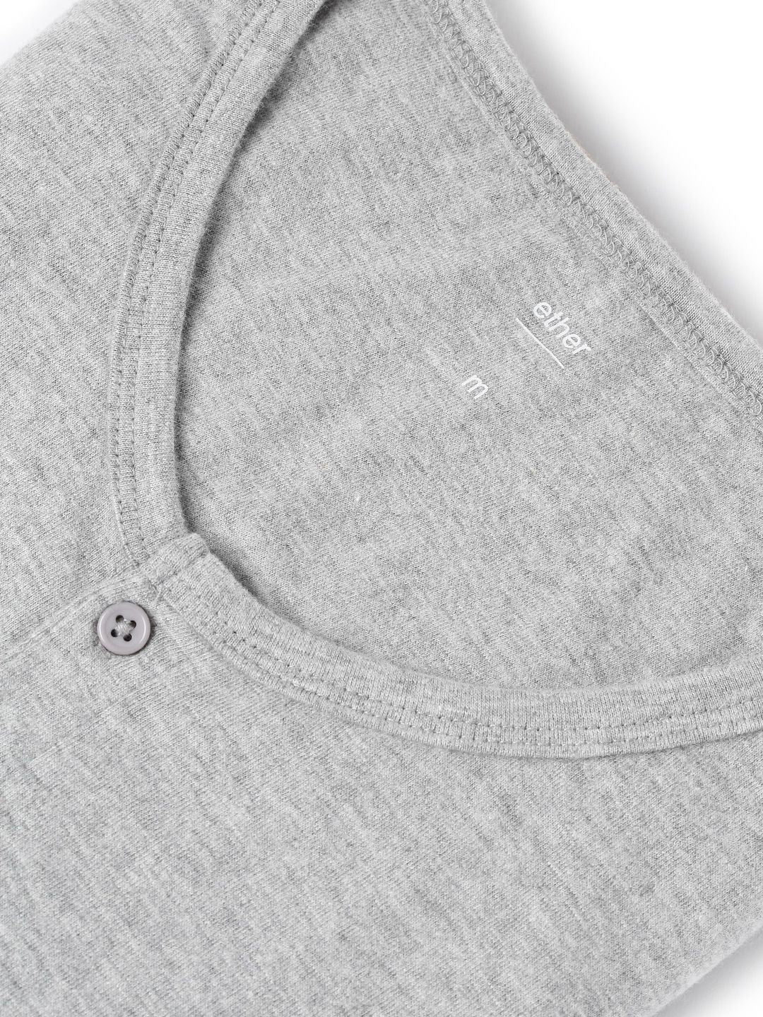 ETHER Men Grey Melange Slim Fit Henley Neck Cotton Pure Cotton T-shirt