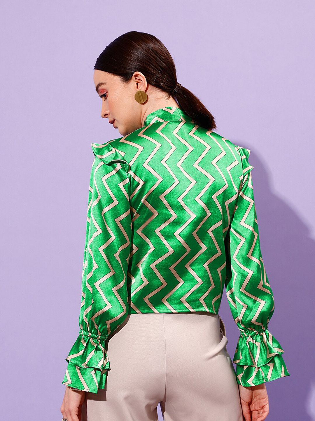 STREET 9 Geometric Printed Tie-Up Neck Bell Sleeves Satin Top