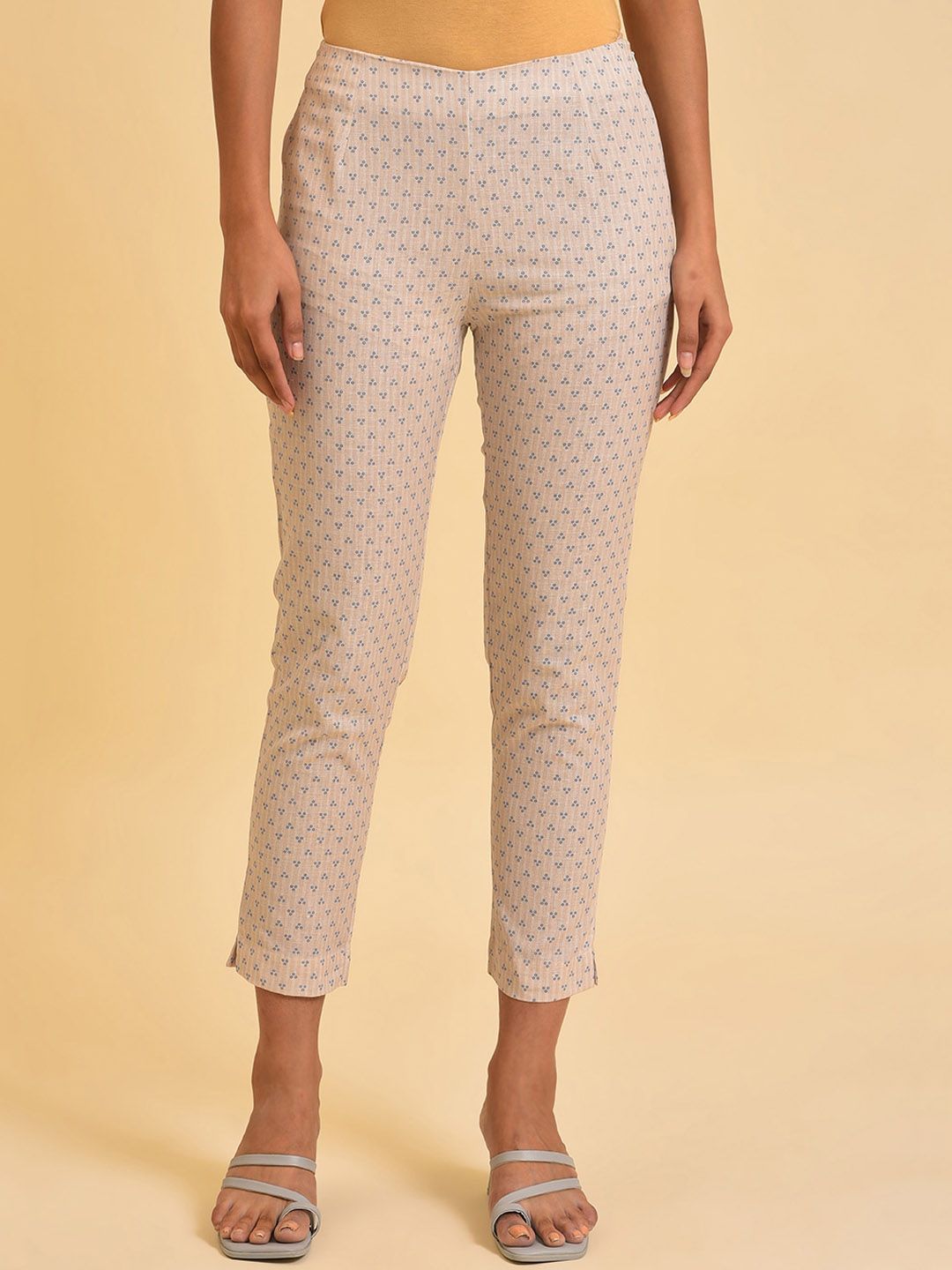 W Women Beige Printed Slim Fit Cigarette Trousers