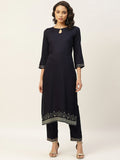 Shae by SASSAFRAS Women Navy Blue Solid Kurta with Trousers