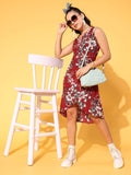 Berrylush Maroon Floral A-Line Dress