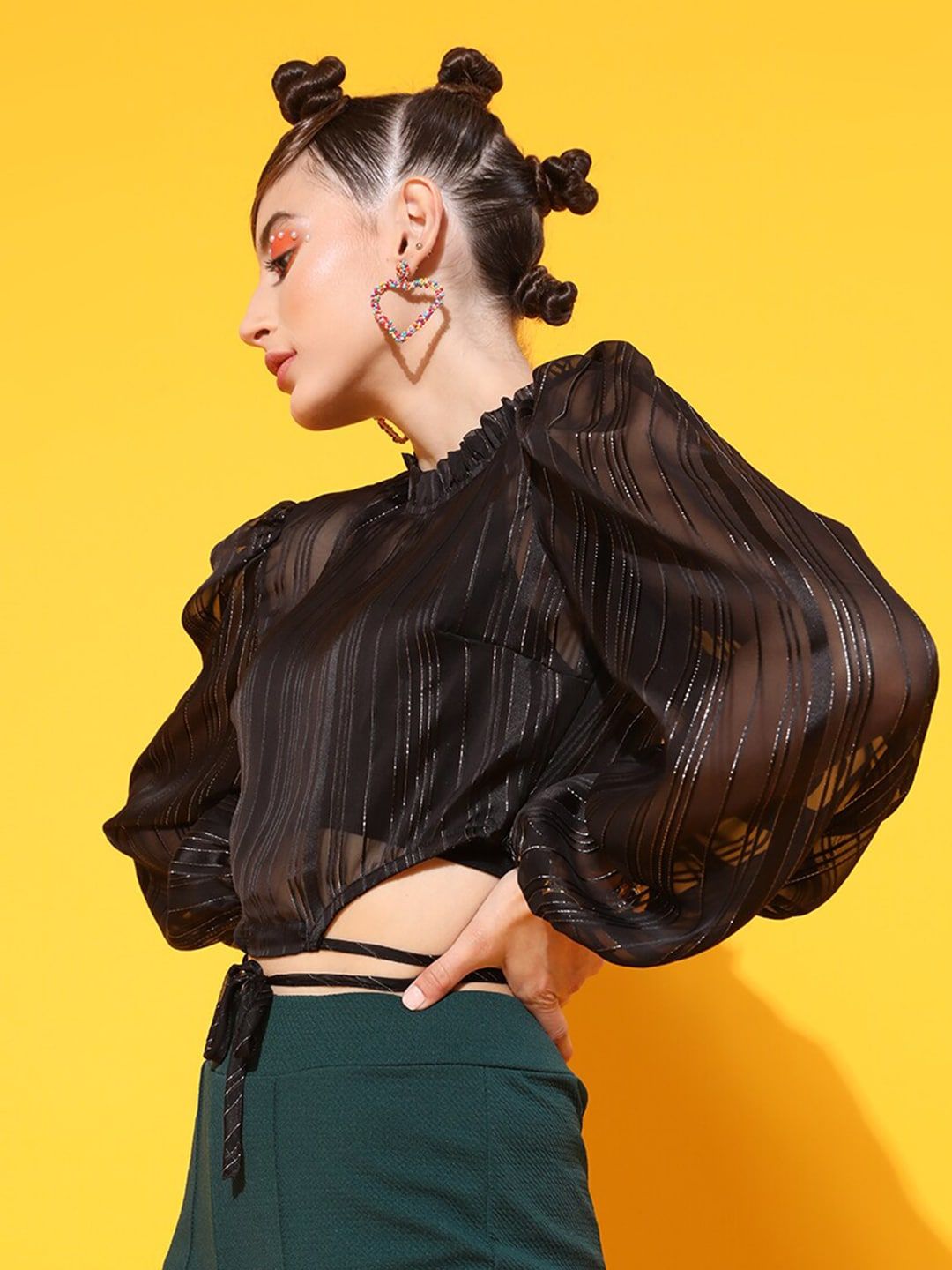 STREET 9 Black Embellished Georgette Blouson Frilled Neck Top