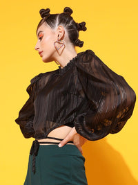 STREET 9 Black Embellished Georgette Blouson Frilled Neck Top