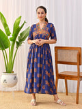 Rustorange Floral Printed V-Neck Gathered A-Line Midi Ethnic Dress