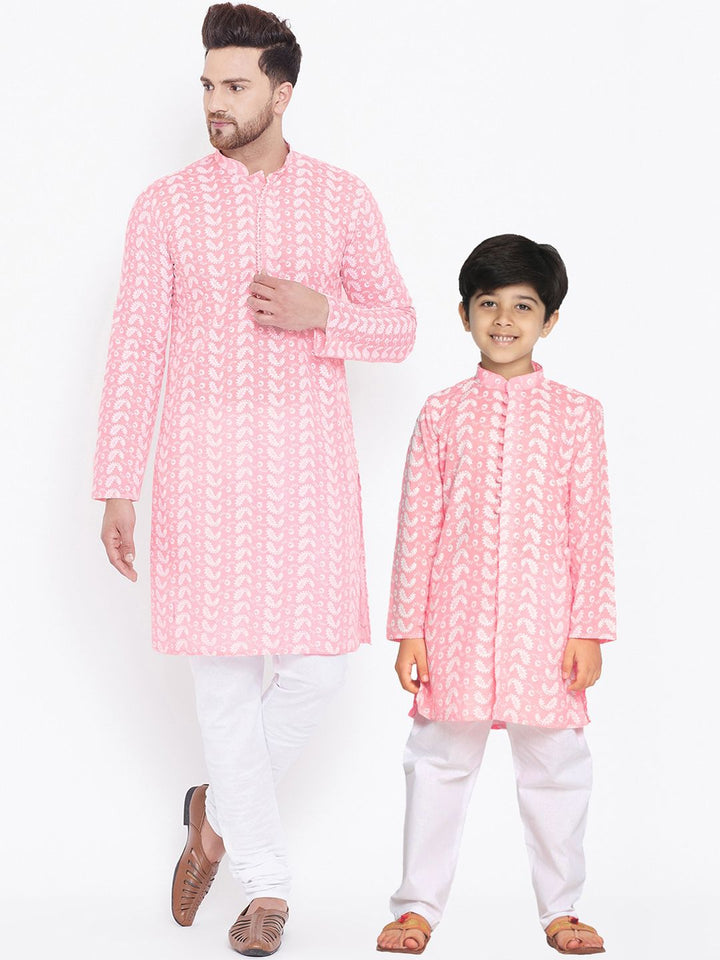 VASTRAMAY Boys Pink Embroidered Regular Pure Cotton Kurta with Pyjamas