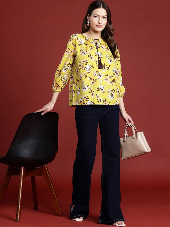 all about you Floral Print Tie-Up Neck Puff Sleeves Top