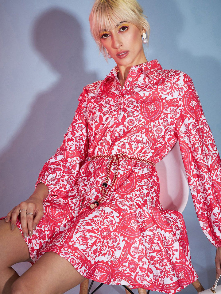 SASSAFRAS Shirt Collar Ethnic Motifs Printed Shirt Dress With Belt