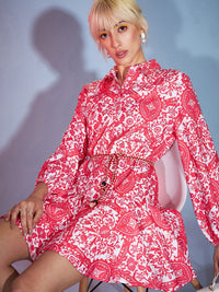 SASSAFRAS Shirt Collar Ethnic Motifs Printed Shirt Dress With Belt