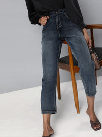 SASSAFRAS Women Navy Blue Regular Fit High-Rise Clean Look Cropped Jeans