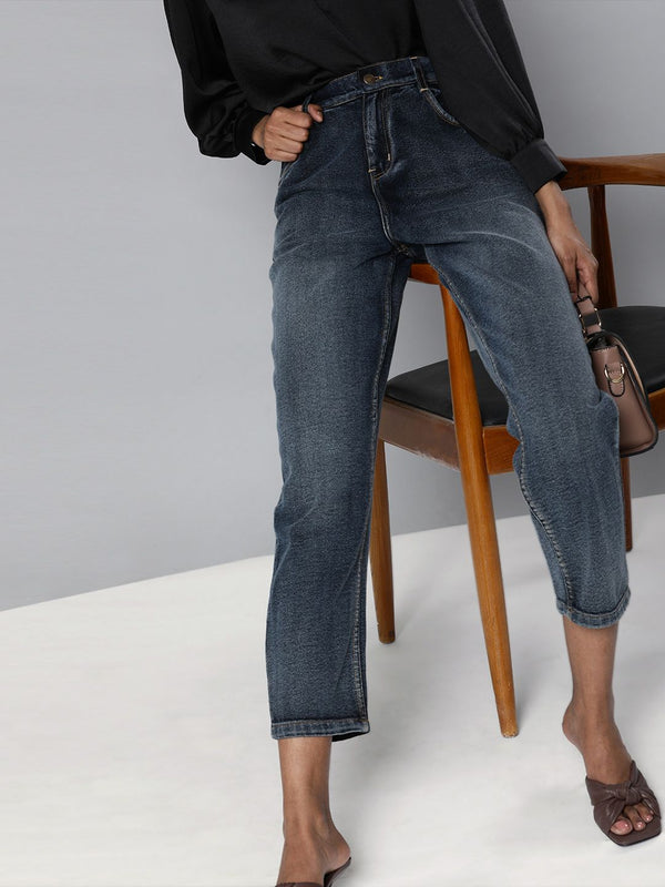 SASSAFRAS Women Navy Blue Regular Fit High-Rise Clean Look Cropped Jeans