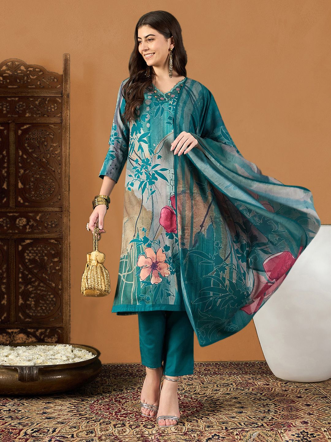 KALINI Floral Printed Thread Work Straight Kurta With Trousers & Dupatta