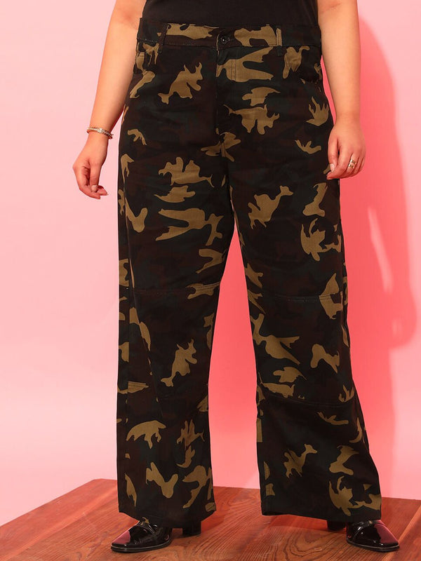 CURVY STREET Women Plus Size Olive Green Printed Relaxed Straight Leg Pure Cotton Trousers