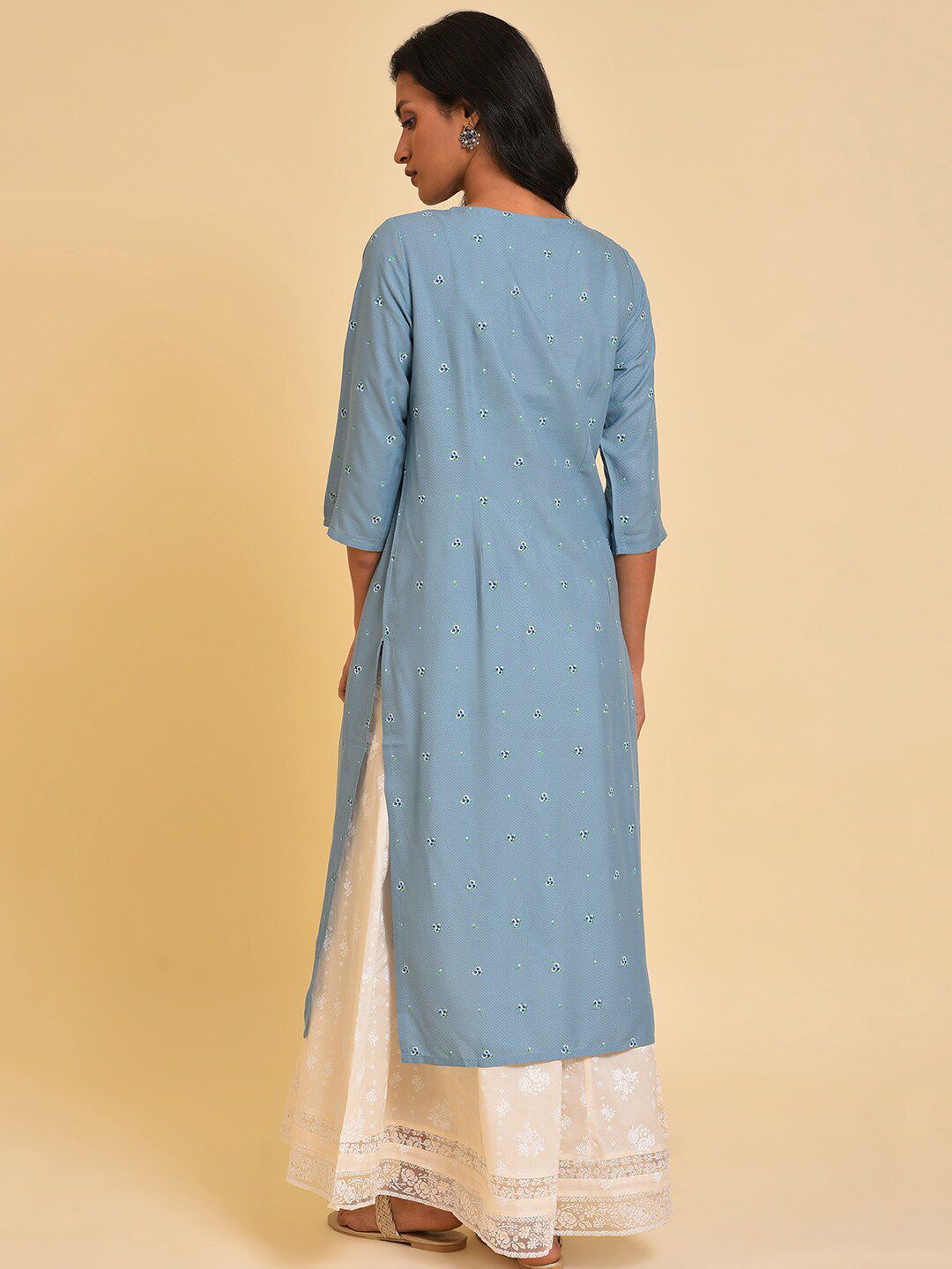 W Blue Floral Embroidered Keyhole Neck Thread Work Kurta