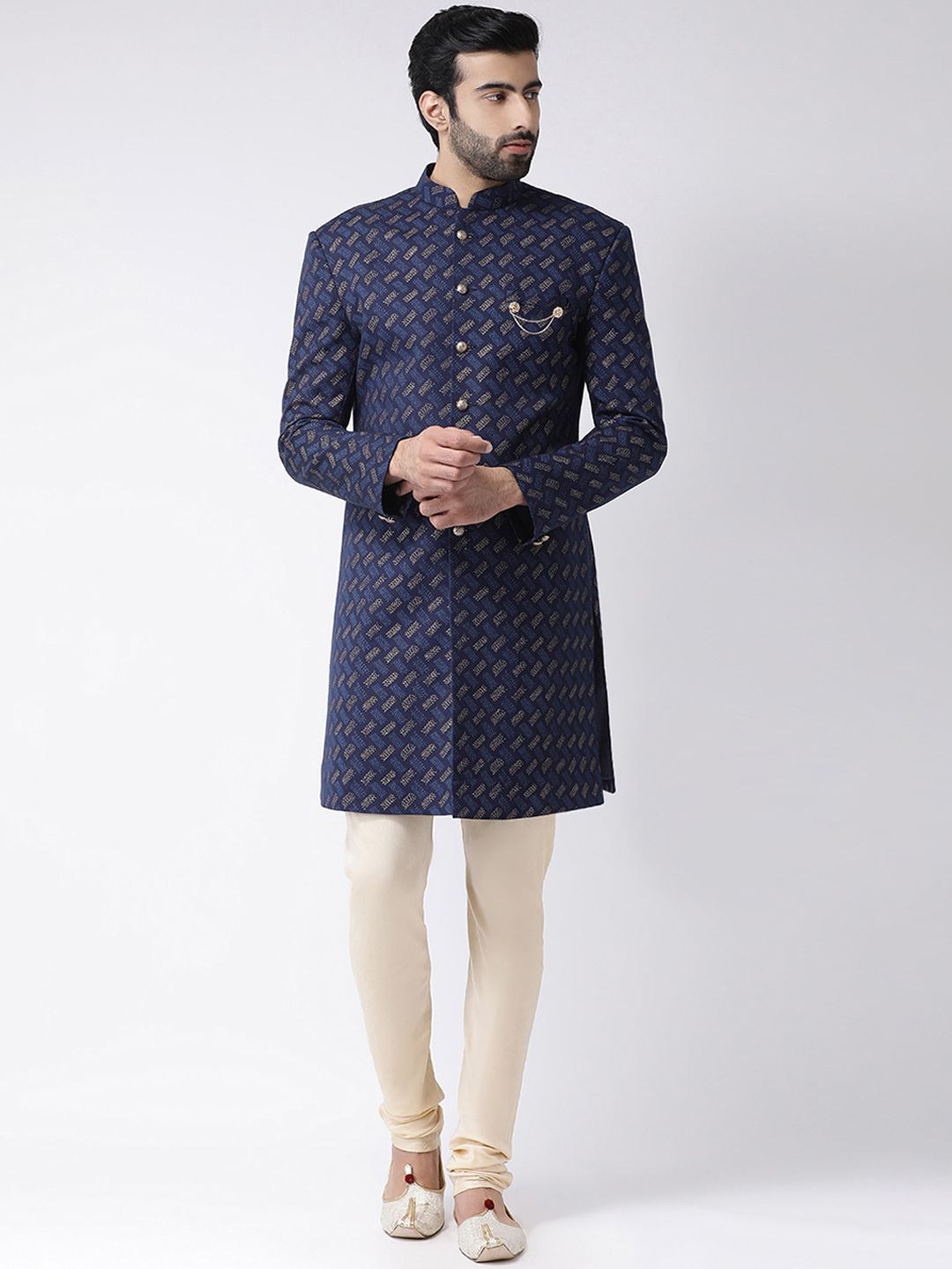 KISAH Men Navy Blue & Cream-Coloured Abstract Printed Indowestern Sherwani Set