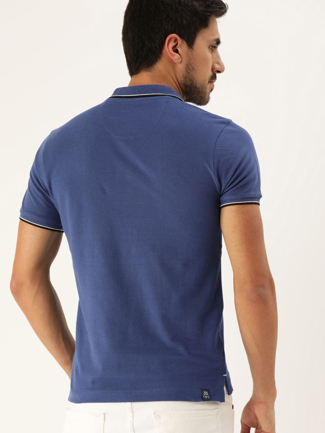 Being Human Clothing Men Blue Black Striped Polo Collar Pure Cotton T-shirt with Tipping Detail