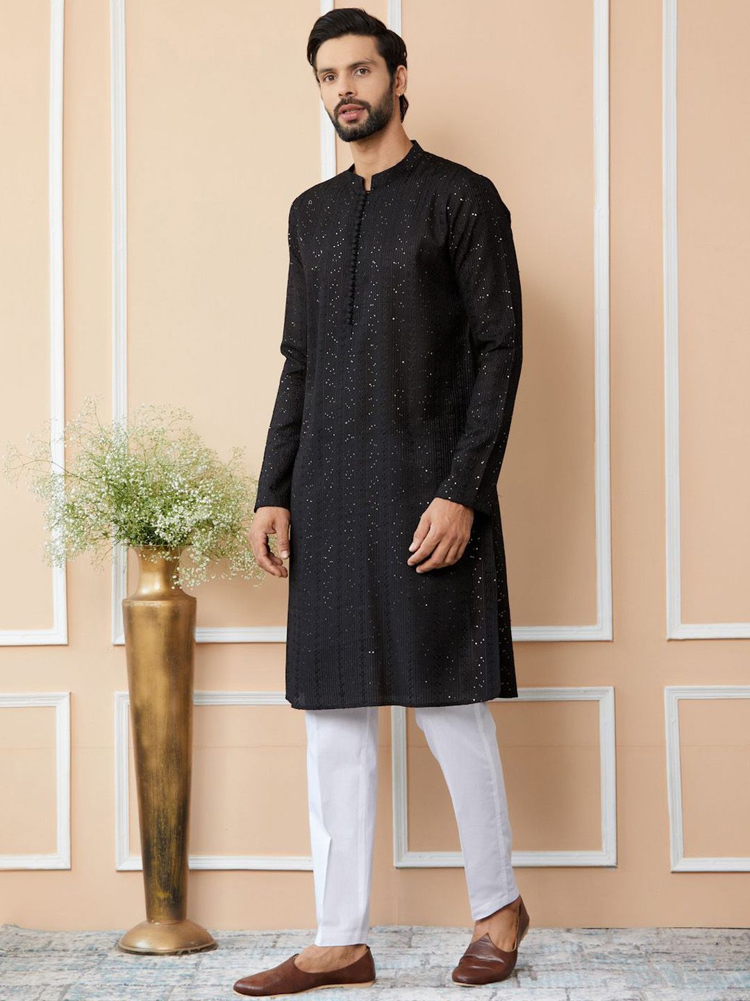 See Designs Embroidered Regular Sequinned Chanderi Silk Kurta with Pyjamas