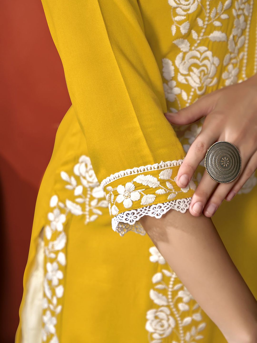 Anouk Yellow Floral Embroidered Round Neck Straight Kurta
