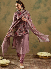 Indo Era Floral Printed Thread Work Chanderi Silk Straight Kurta with Trouser & Dupatta