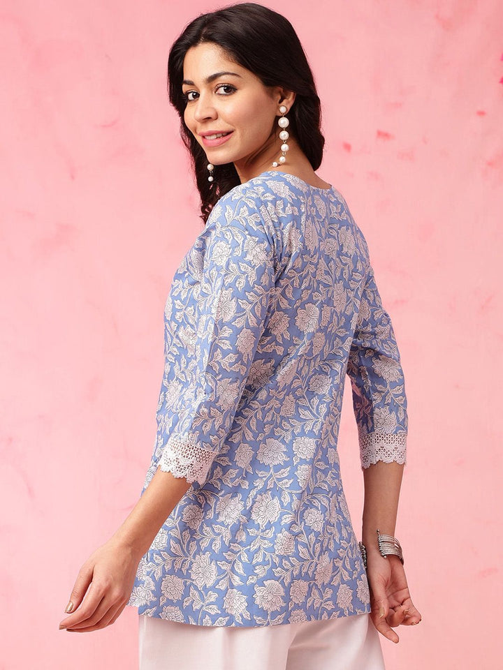Anouk Blue Floral Printed Straight Pure Cotton Short Kurti