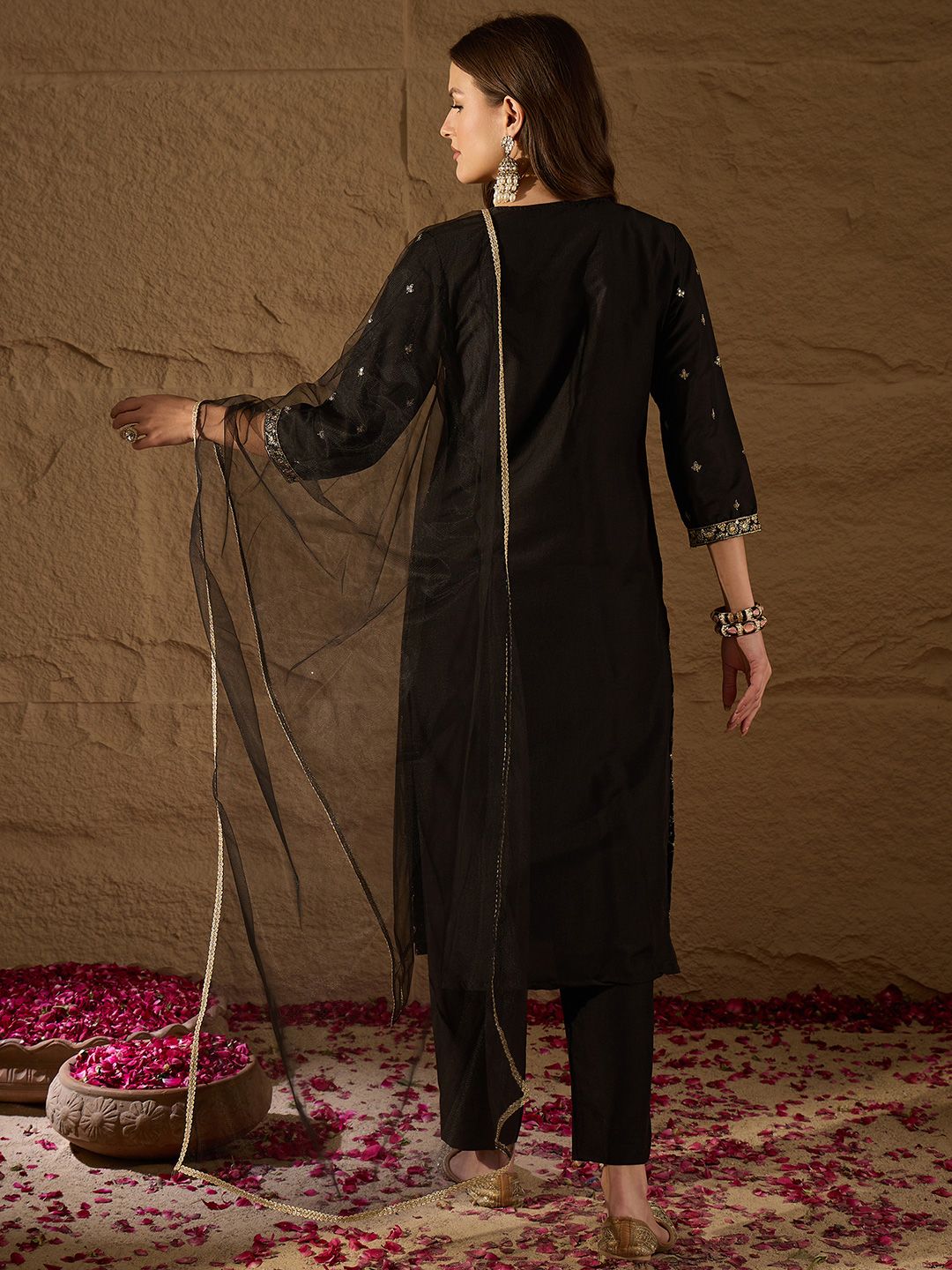 KALINI Floral Embroidered V-Neck Straight Kurta With Trousers & Dupatta