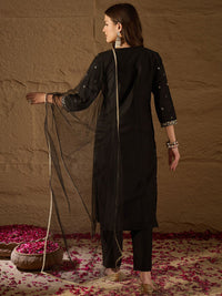 KALINI Floral Embroidered V-Neck Straight Kurta With Trousers & Dupatta
