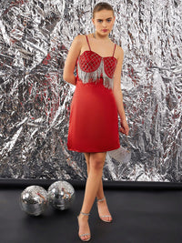 STREET 9 Red Embellished Shoulder Straps Satin Bodycon Dress