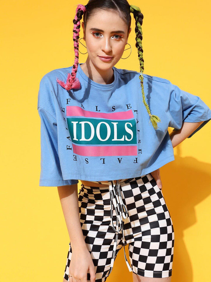 STREET 9 Women Blue Printed Cotton Drop-Shoulder Sleeves Bio Finish Boxy T-shirt