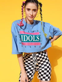 STREET 9 Women Blue Printed Cotton Drop-Shoulder Sleeves Bio Finish Boxy T-shirt