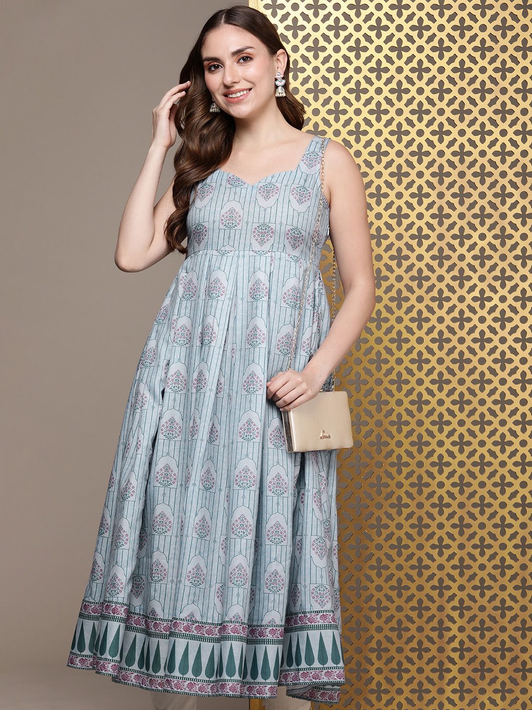 House of Pataudi Ethnic Motifs Printed A-Line Pleated Jashn Kurta