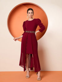 Antheaa Red Round Neck Puff Sleeves Sequinned A Line Dress