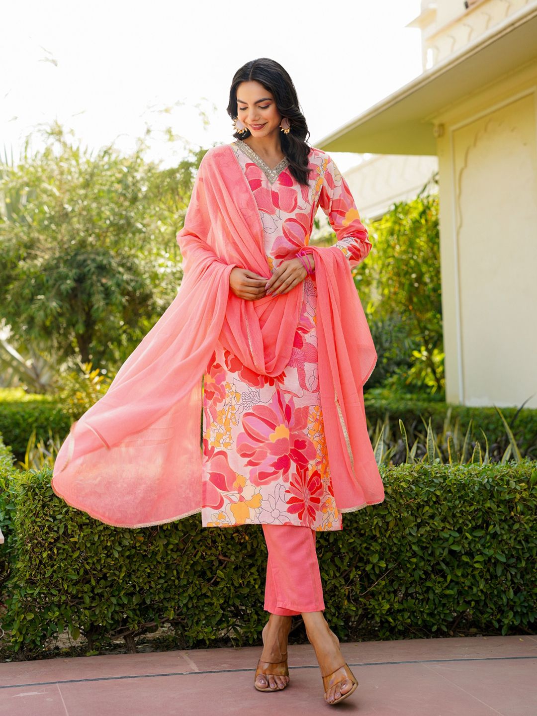 KALINI Floral Printed Regular Cotton Blend Kurta with Trousers With Dupatta