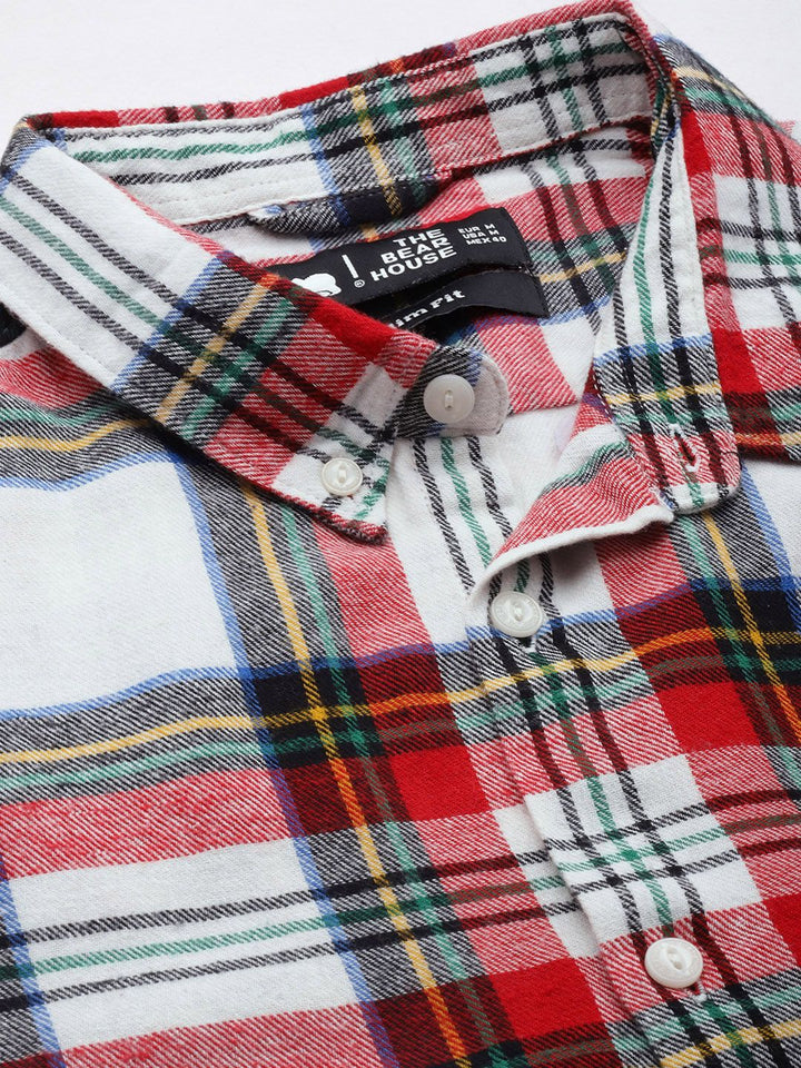 THE BEAR HOUSE Men White & Red Slim Fit Checked Cotton Flannel Casual Shirt