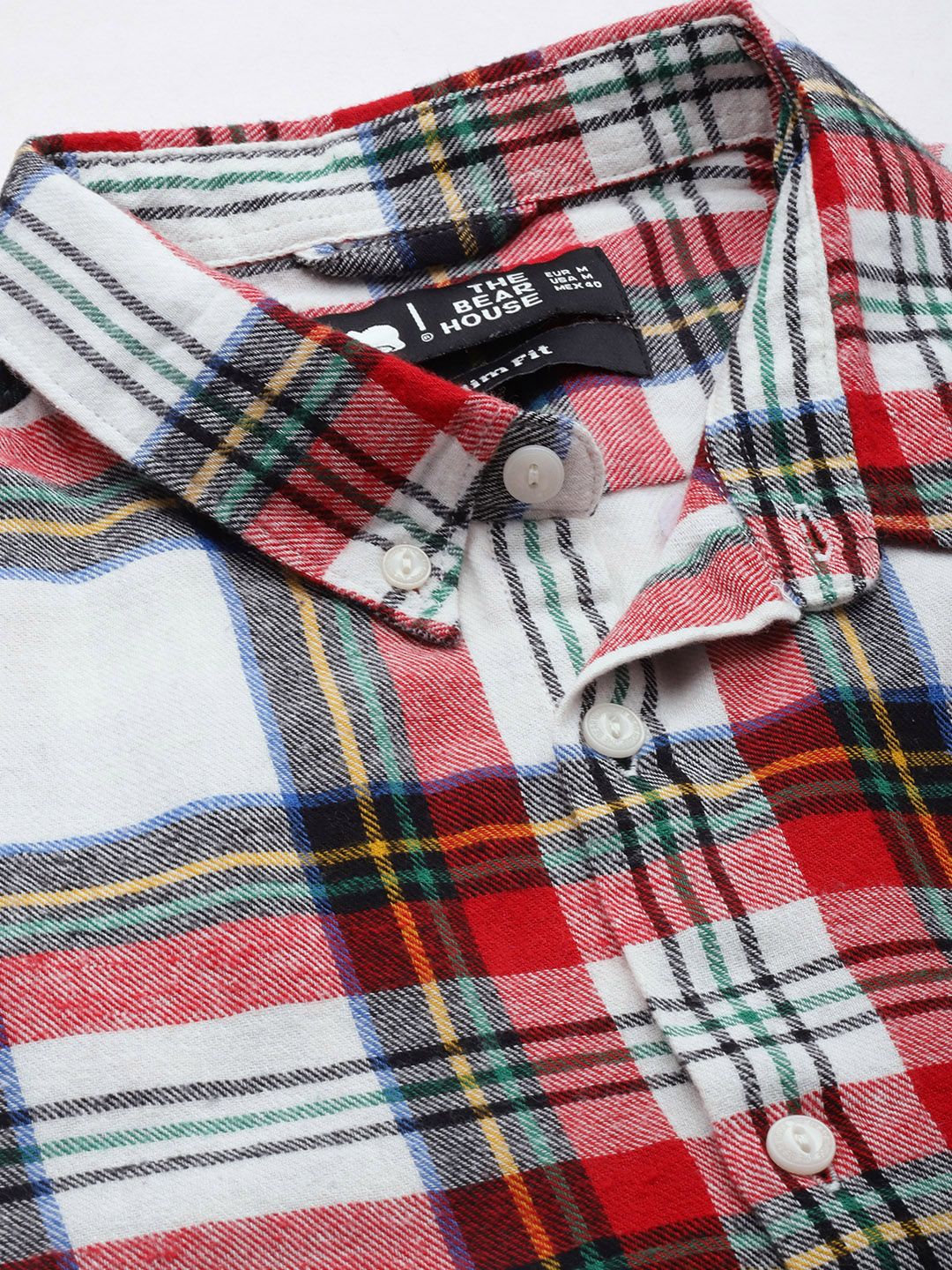 THE BEAR HOUSE Men White & Red Slim Fit Checked Cotton Flannel Casual Shirt