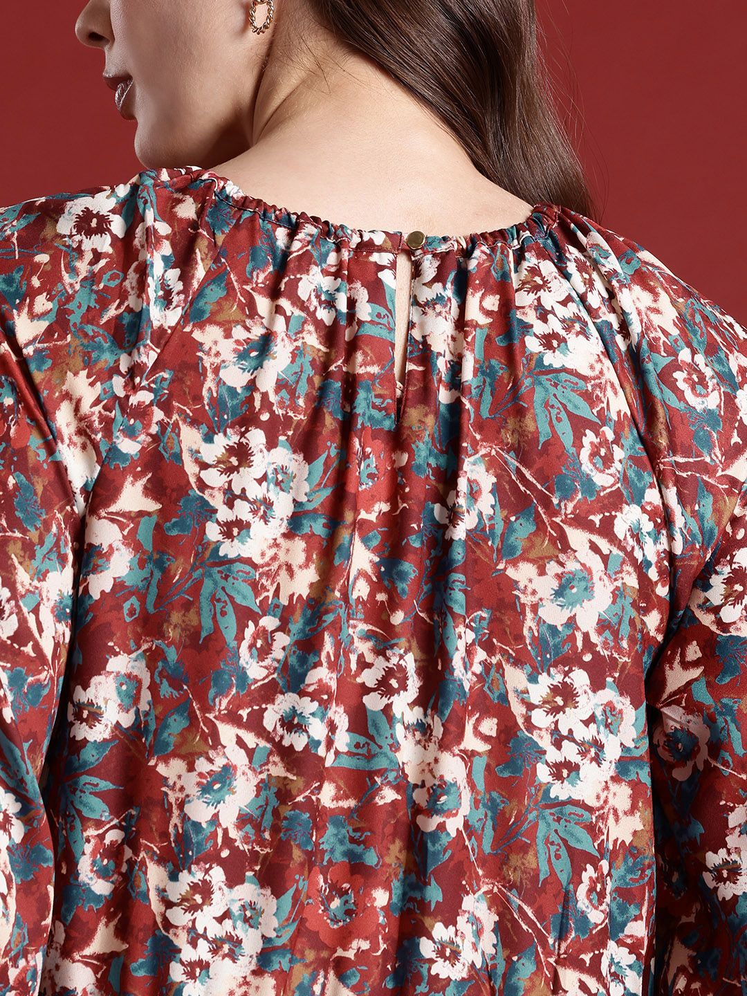 all about you Floral Print Cinched Waist Raglan Puffed Sleeves Top