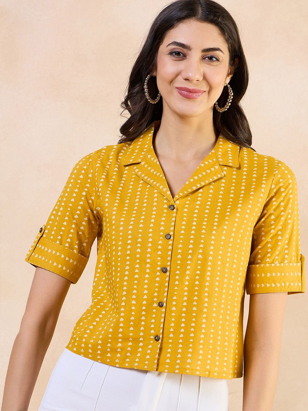 Anouk Geometric Print Roll-Up Sleeves Cotton Top